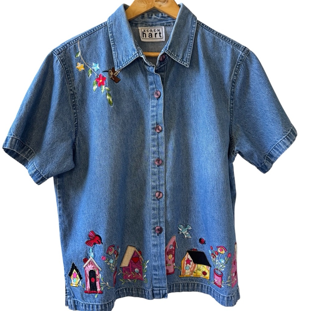 KEREN hart Denim Button Down Shirt with Colorful Embroidery Size Large
